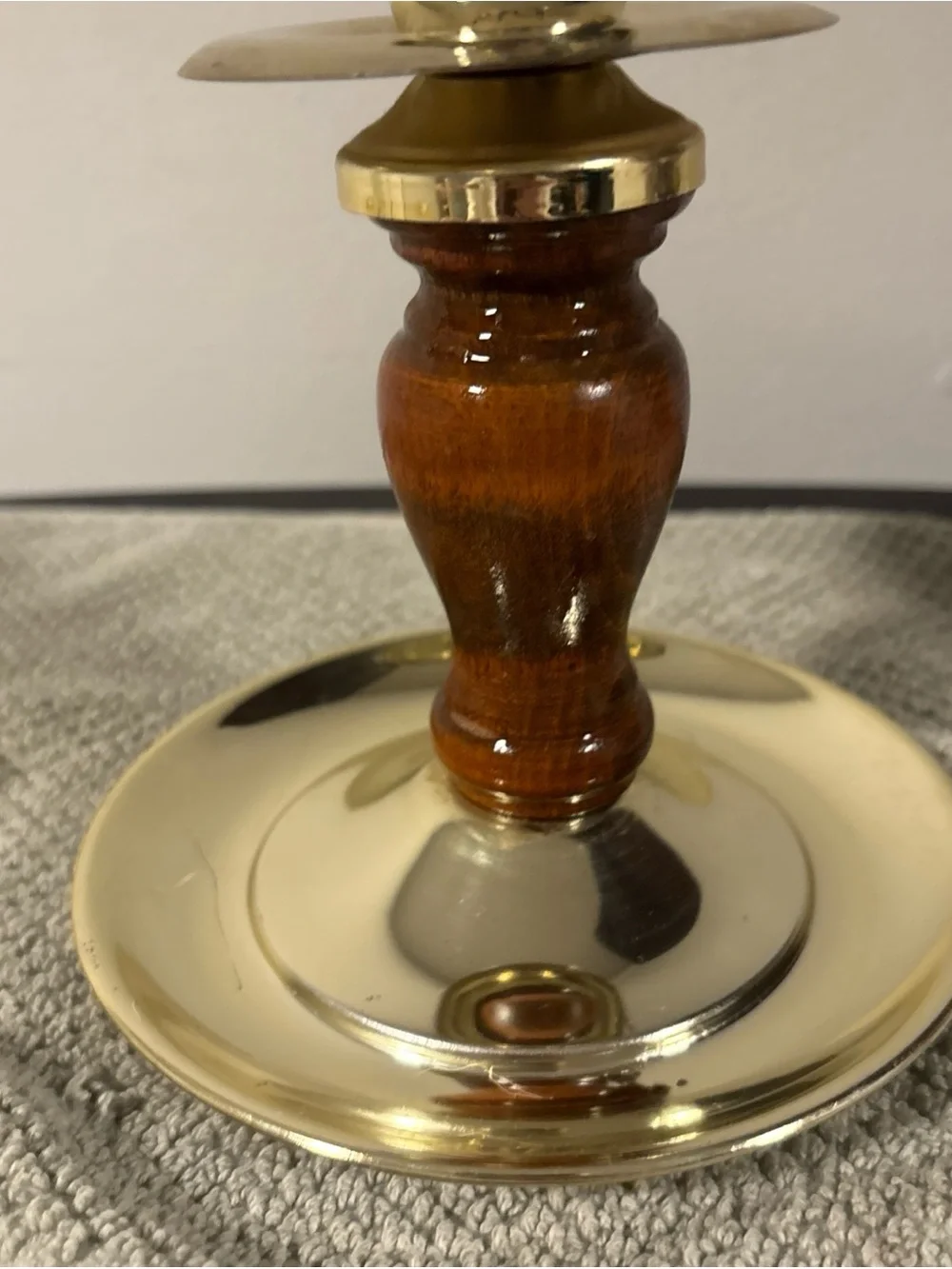 Home Interiors Brass and Wood Candle Holder in Gold and Brown